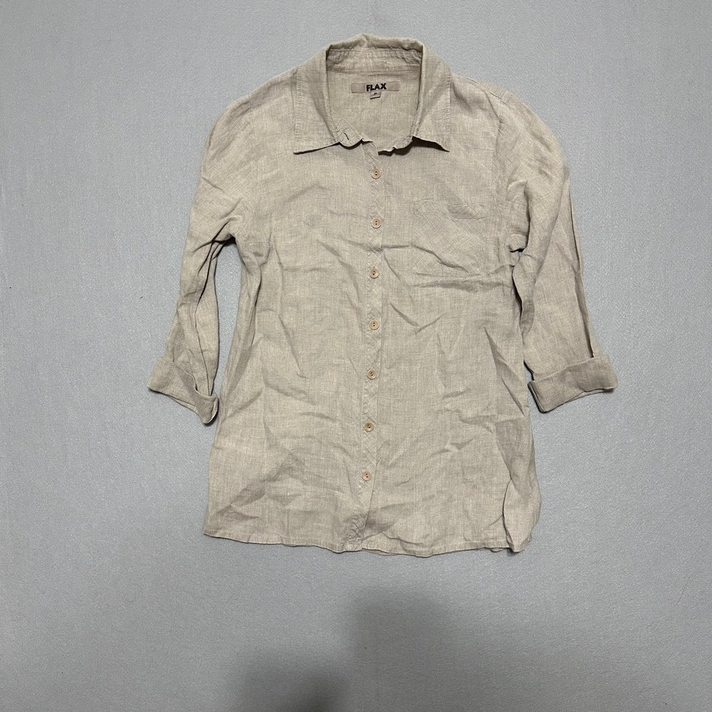 FLAX Linen Button Down Shirt Womens Petite P Beige 3/4 Sleeve Blouse Oatmeal